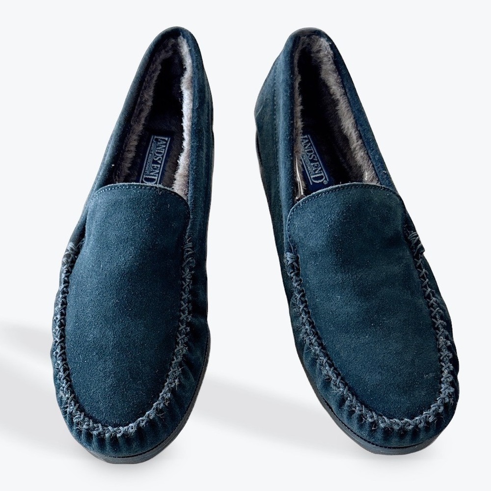 Lands End Womens Navy Blue Suede Faux Fur Lined‎ Moccasin Slippers Loafers 9B